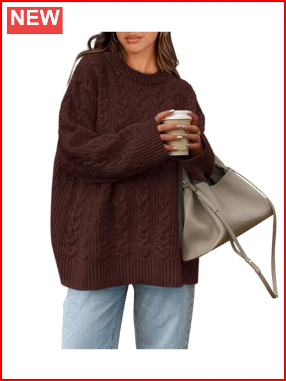 Oversized Cable Knit Crewneck Pullover Sweater Women's Chunky Long Sleeve Cozy